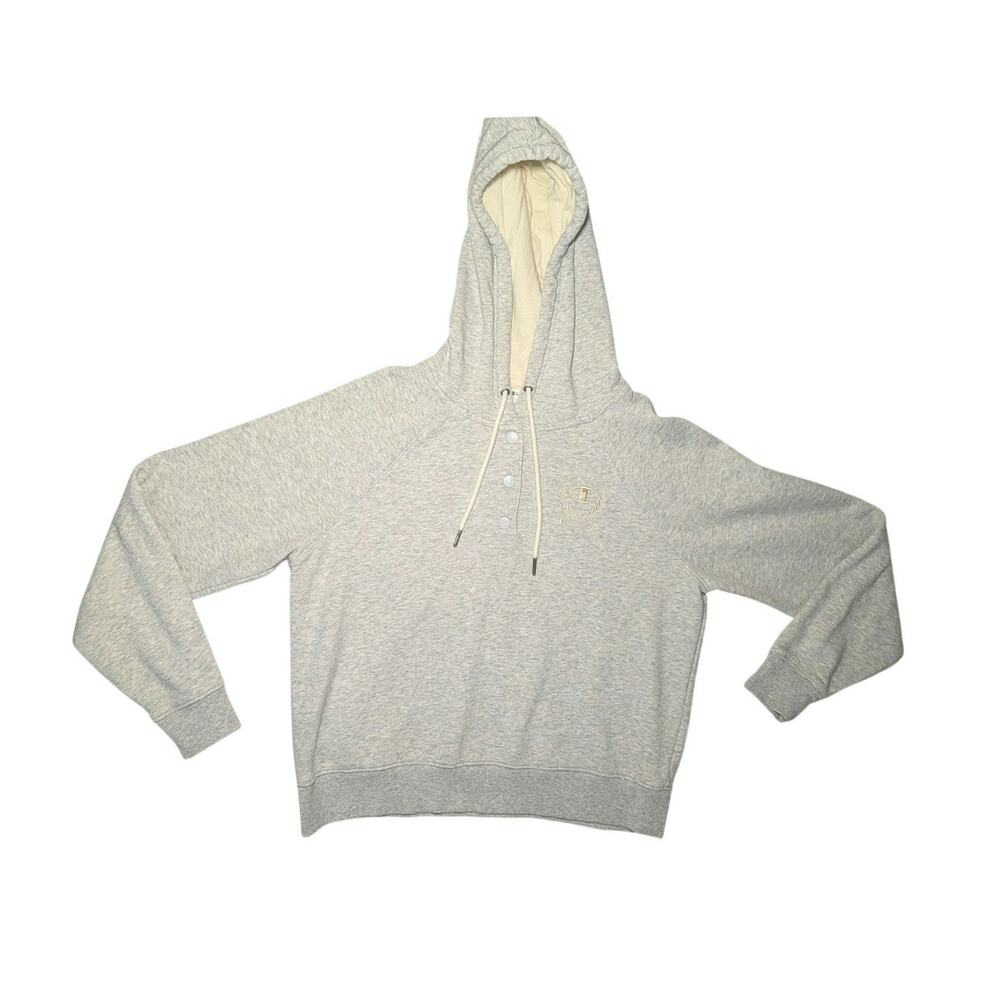 Champion Campus Fleece Snap Button Henley Hoodie Gray Sweatshirt Crest Sz S